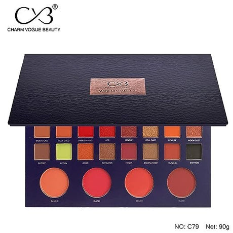 Makeup palette with various colors and 'Charm Vogue Beauty' branding on a white background