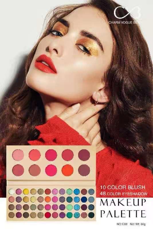 Makeup palette with a model wearing colorful makeup and a red sweater.