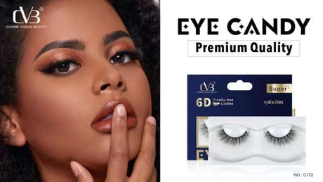 Woman with makeup and a package of CVB eye lashes labeled 'Eye Candy Premium Quality'.