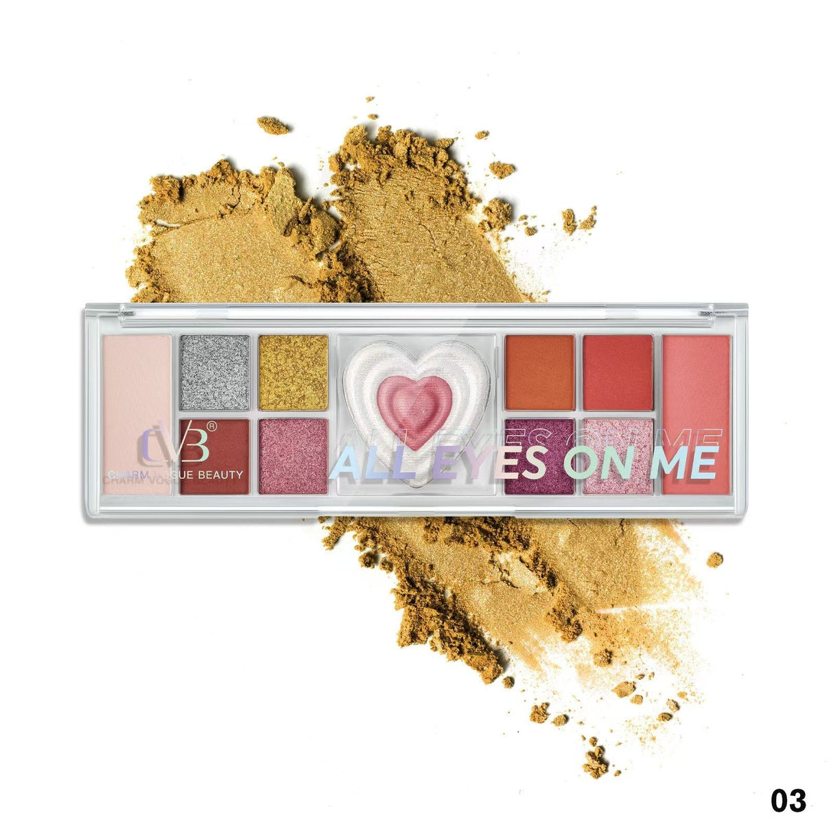 Makeup palette with various colors and a heart-shaped design on a white background