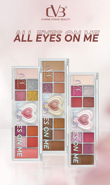 Makeup palettes with heart-shaped designs on a pink background, featuring the brand 'Charm Vogue Beauty'.