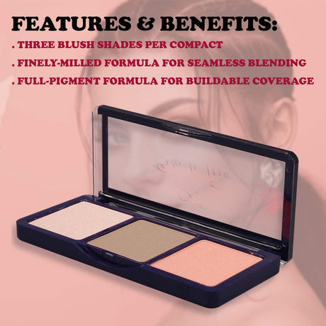 Makeup compact with three blush shades on a pink background