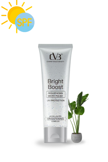 Tube of 'Bright Boost' skincare product with a plant and sun icon on a white background