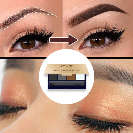 Before and after comparison of eyebrow makeup with a Brow Contour Kit inset.