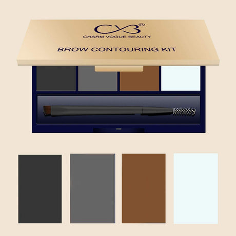 Charm Vogue Beauty brow contouring kit with color swatches on a beige background
