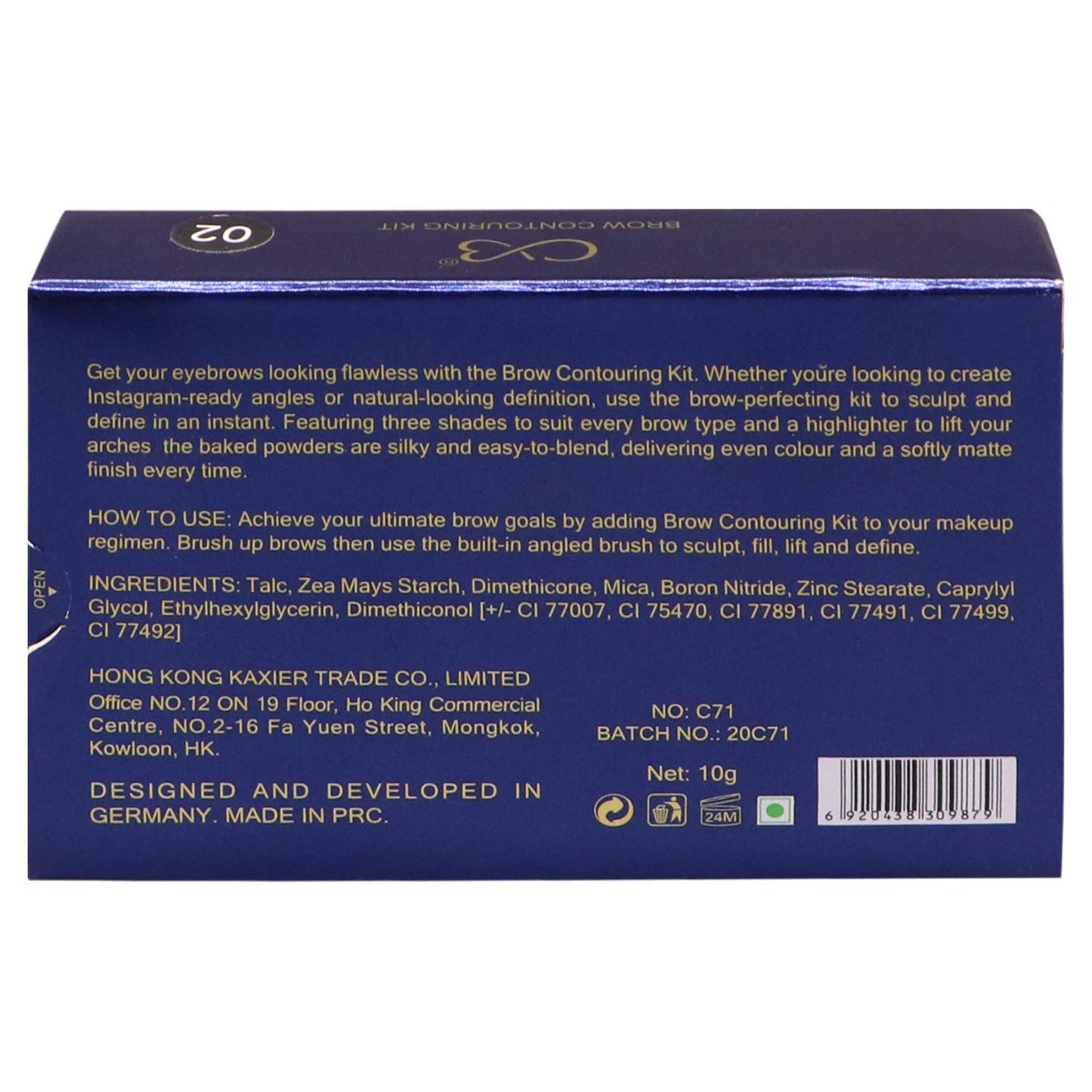 Back of a blue box with text and product details on a white background