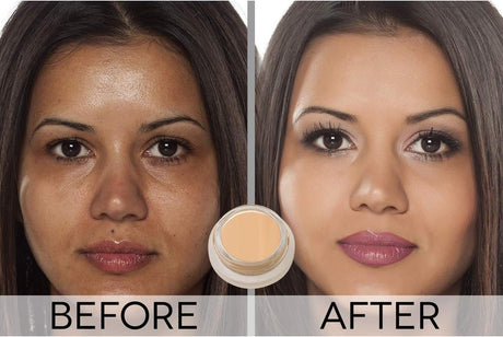 Before and after comparison of a woman's face with a cosmetic product.
