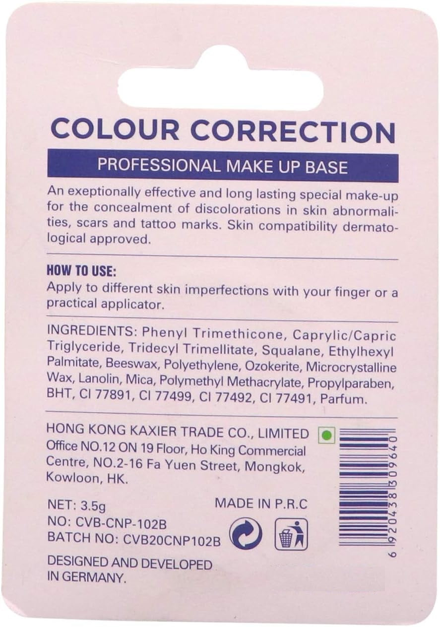 Back of a cosmetic product packaging labeled 'Colour Correction' with text and ingredients.
