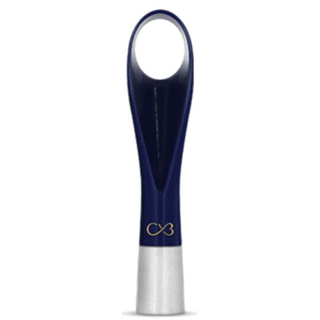 Navy blue and silver wine bottle opener on a white background