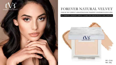 Model with makeup and compact foundation product with CVB branding
