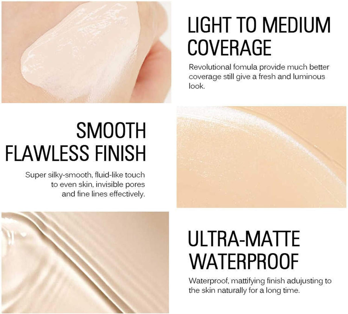 Product features with smooth finish, light to medium coverage, and ultra-matte waterproof properties.