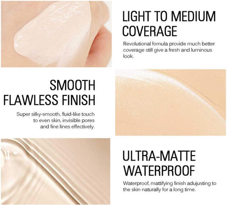 Product features with smooth finish, light to medium coverage, and ultra-matte waterproof properties.