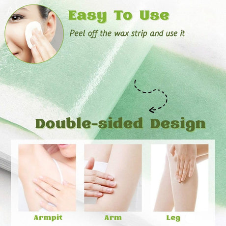 Wax strip product with instructions on use and double-sided design, shown on skin at armpit, arm, and leg.