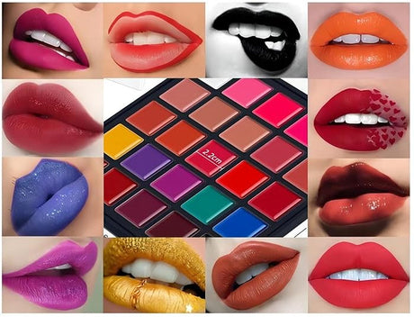Collage of various lipsticks and lip colors with a color swatch.
