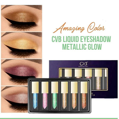 CVB liquid eyeshadow palette with metallic glow colors and close-up eye makeup application.
