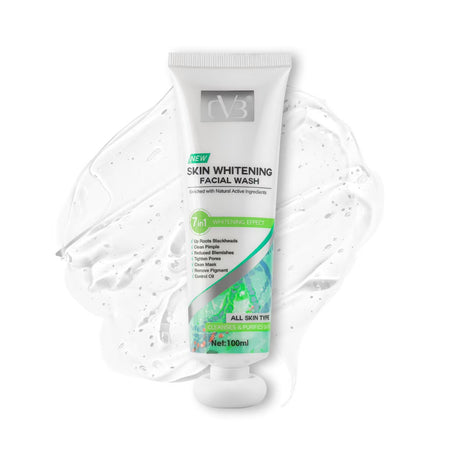 Tube of skin whitening facial wash with packaging on a white background