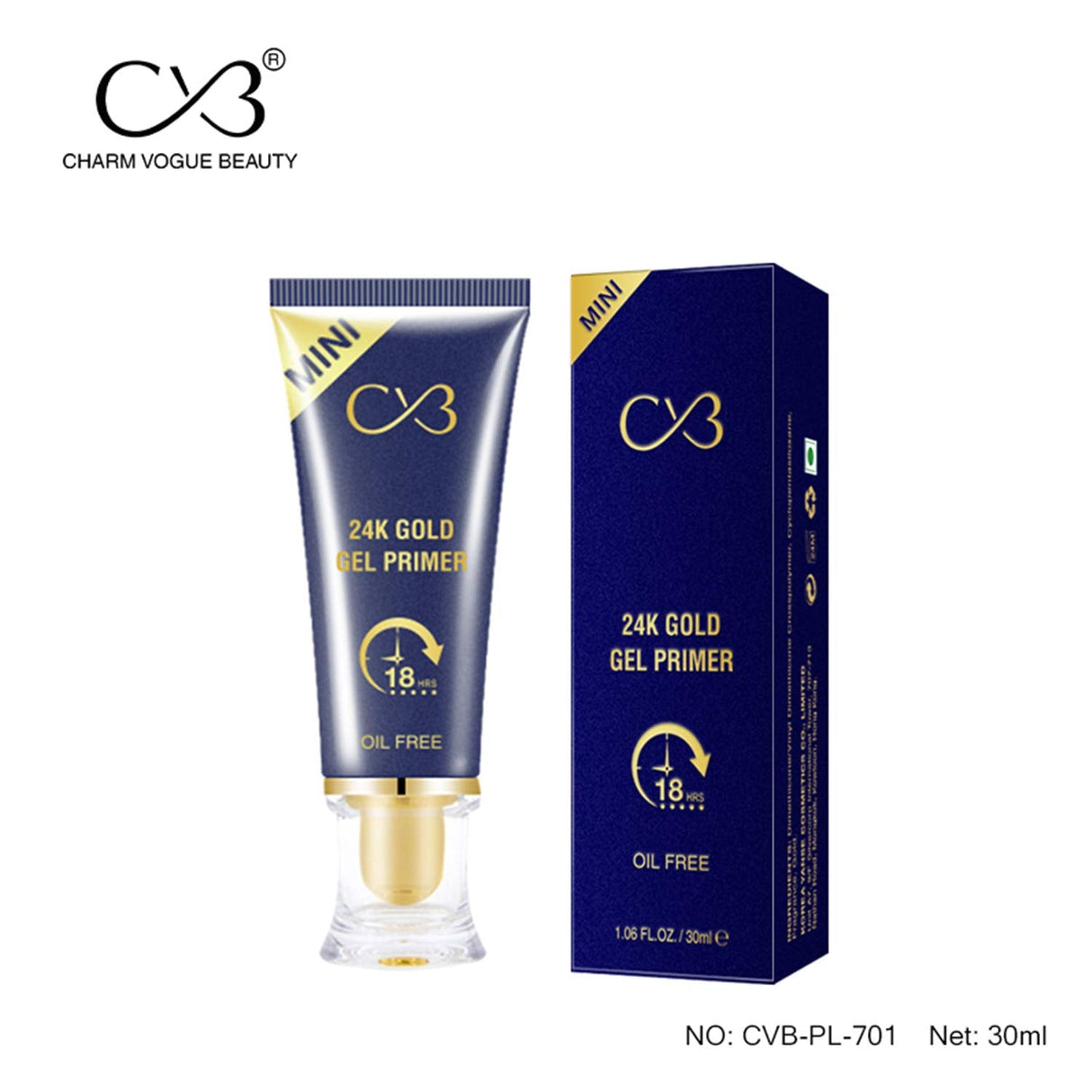 24K Gold Gel Primer with packaging on a white background, featuring the Charm Vogue Beauty brand.