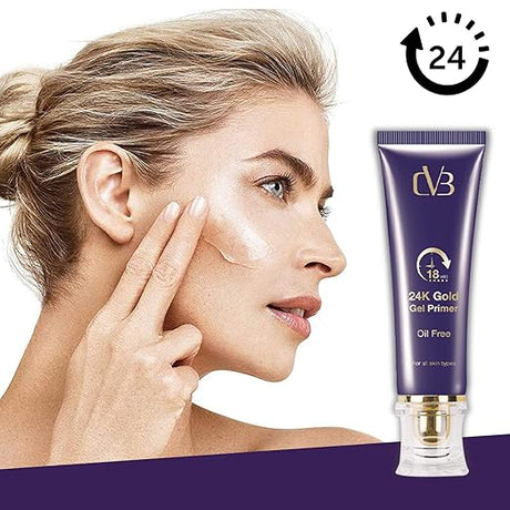 Woman applying 24K Gold Gel Primer to her face with a tube of the product displayed.