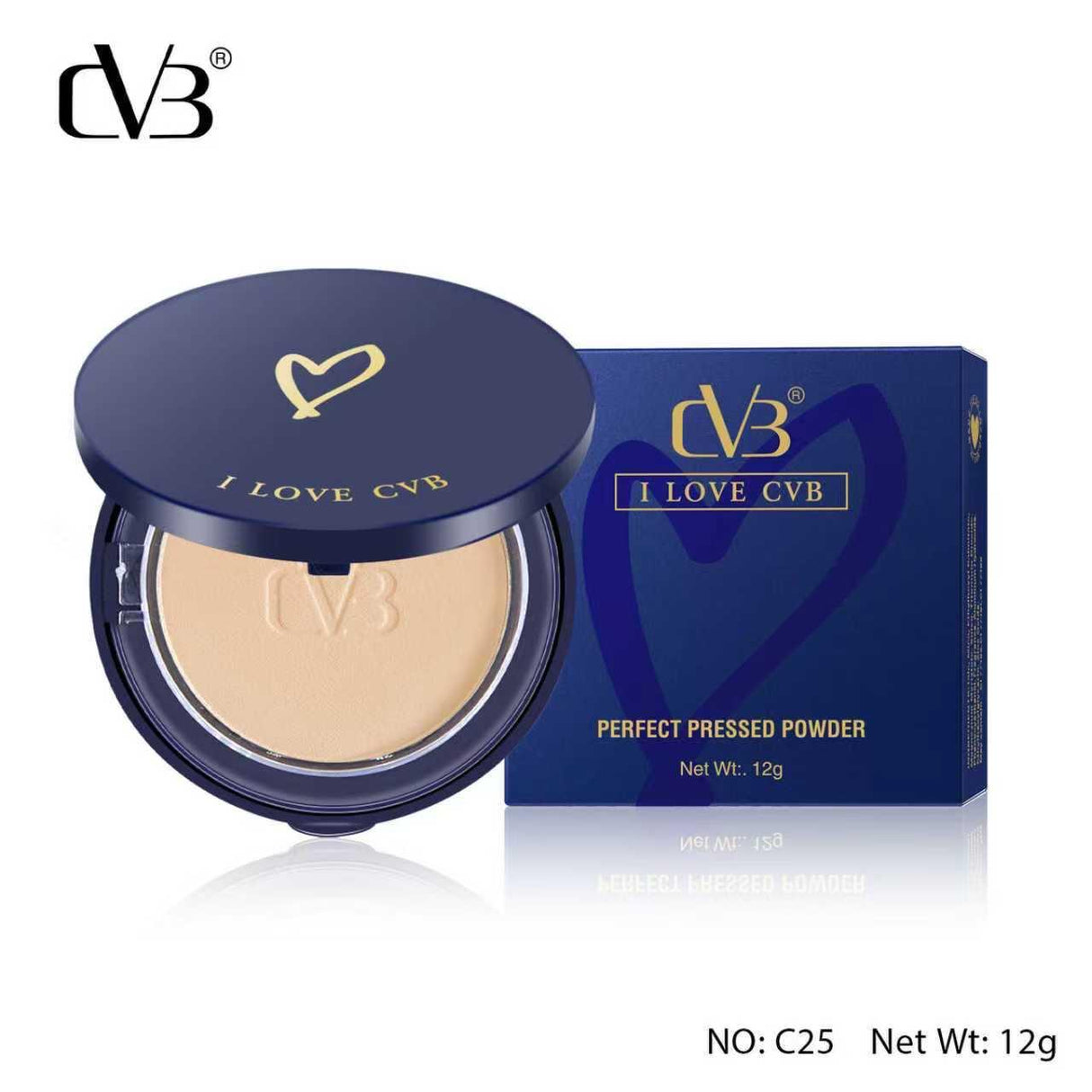 I Love CVB perfect pressed powder with packaging on a white background