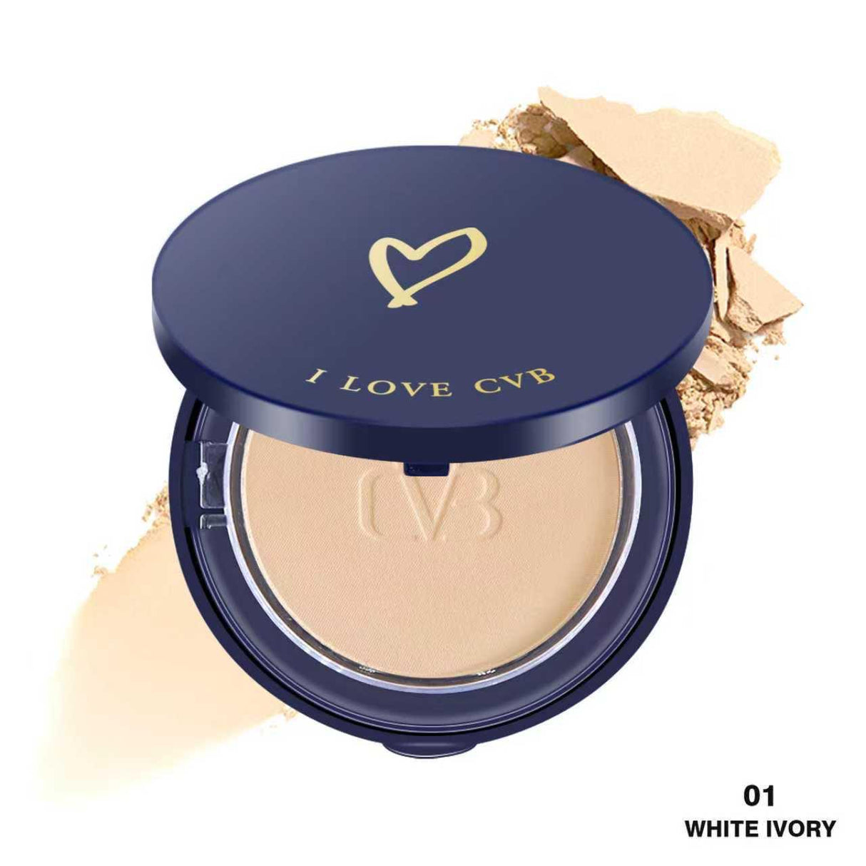 Compact powder in a navy blue case with 'I LOVE CVB' branding on a white background.