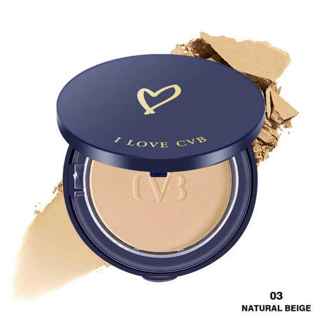 Compact powder in a navy blue case with 'I LOVE CVB' branding, showing natural beige color swatch.