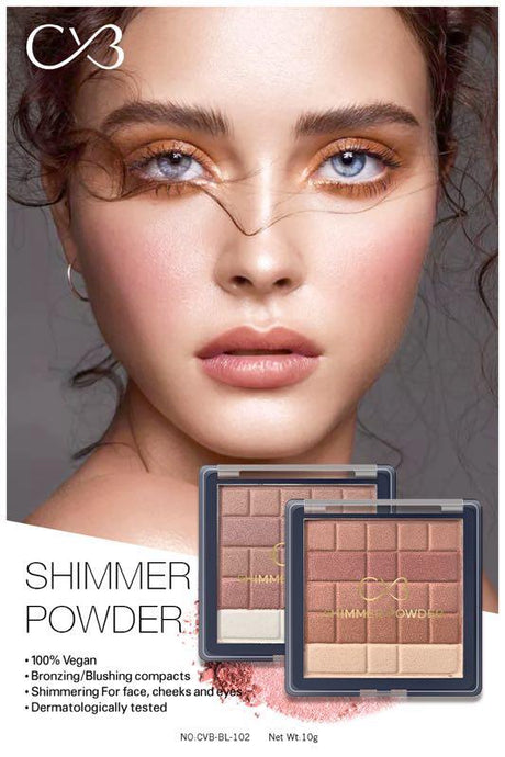 Makeup product advertisement with 'C3' brand name, featuring a close-up of a person's face and two makeup products.