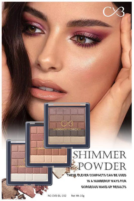 Makeup product advertisement featuring a woman with shimmery makeup and C3 Shimmer Powder compacts.