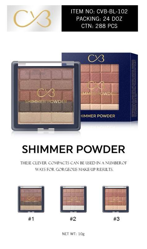 C3 Shimmer Powder compacts with packaging and product samples on a white background