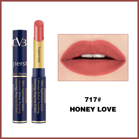 Lipstick with packaging and a close-up of lips wearing the shade 'Honey Love'.