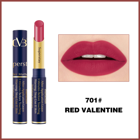 Lipstick with blue casing and gold accents, shown on a model with 'Red Valentine' shade label.