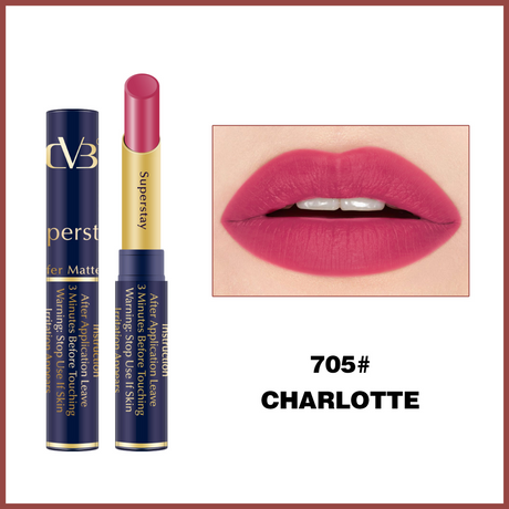 Lipstick with packaging and a close-up of lips wearing the color, labeled '705# Charlotte'.