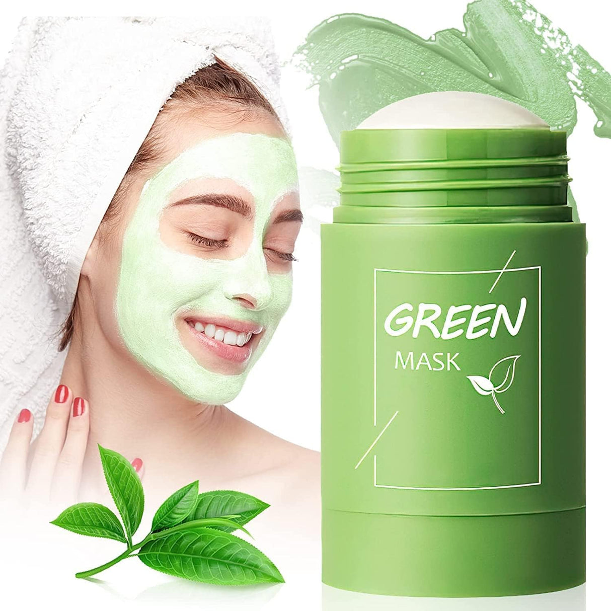 Green facial mask with a container labeled 'Green Mask' on a white background