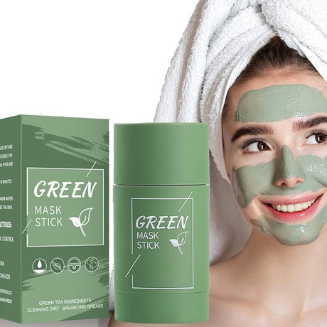 Green mask stick packaging and a woman applying green mask to her face.