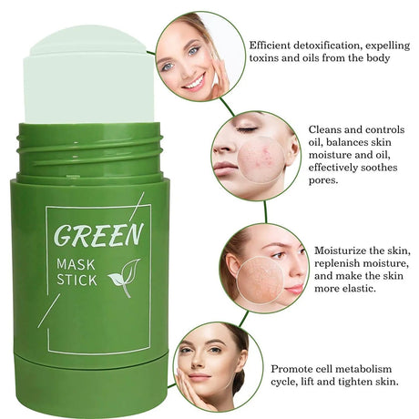 Green mask stick with benefits on a white background