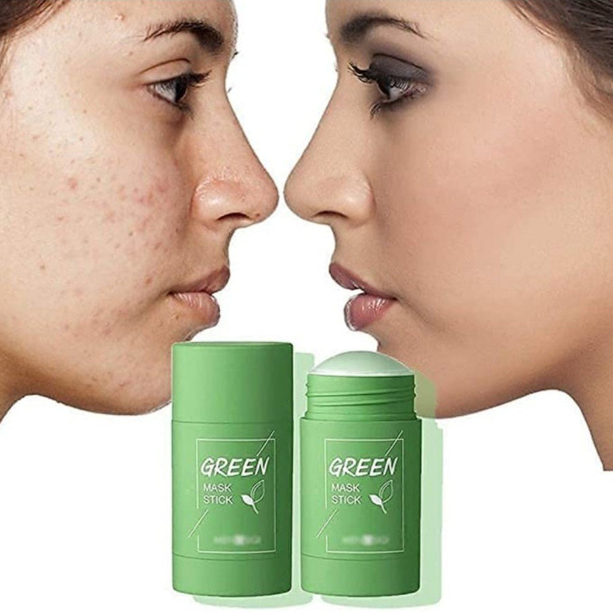 Two faces side by side with a green mask stick product in the foreground.