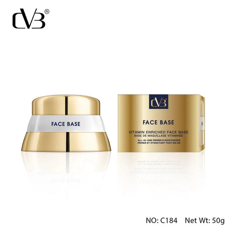 Gold face base cream jar and packaging on a white background with 'CVB' branding.