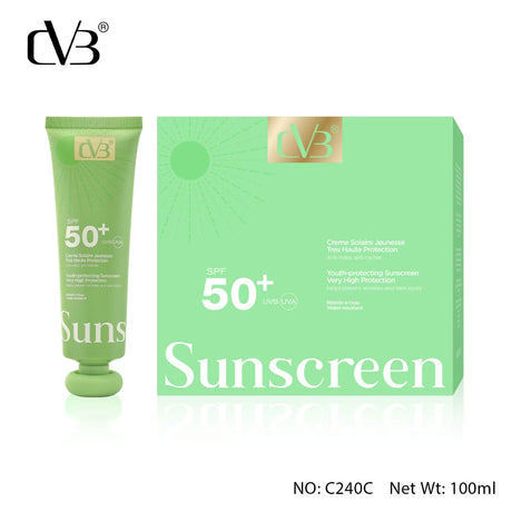Green sunscreen tube and box with 'CVB' branding on a white background