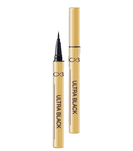 Two gold eyeliner pencils with black caps on a white background