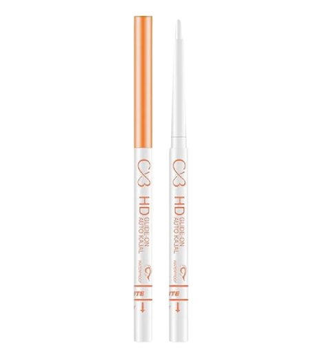 Eyebrow pencil with orange and white design on a white background