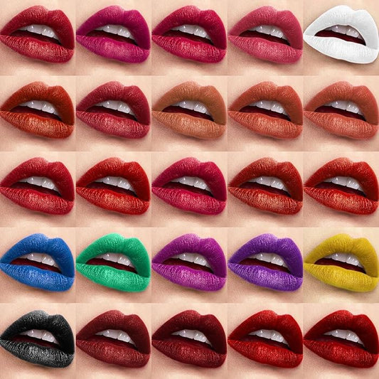 Grid of lips in various colors on a beige background