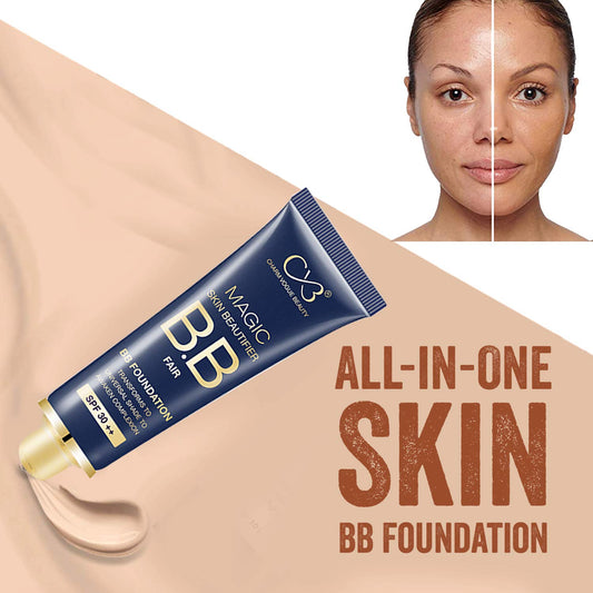 B.B. foundation tube with a split image of a face before and after application on beige background