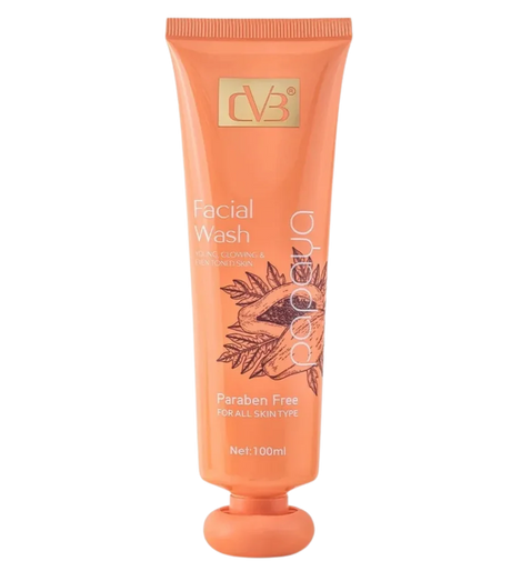 Orange facial wash tube with branding on a white background