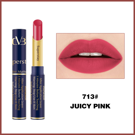 Lipstick with 'CVB' branding, showing a close-up of lips wearing the color 'Juicy Pink', and product packaging.
