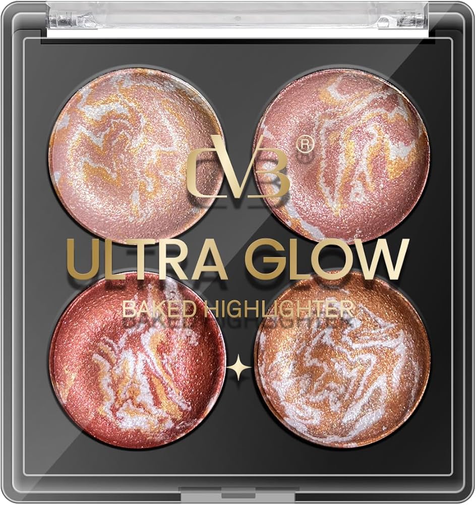 Four baked highlighter shades in a CV3 Ultra Glow palette on a clear background