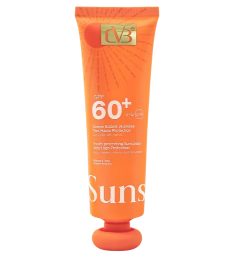 Orange sunscreen tube with 'CVB' branding on a white background