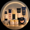 Collection of cosmetic products on a decorative shelf with a glowing circular frame.