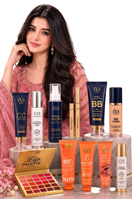 Woman with a variety of makeup products on a table