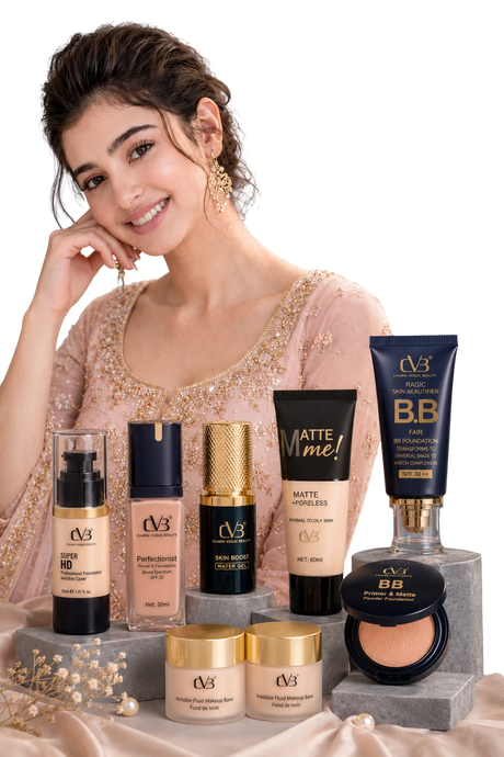 Woman posing with CVS Beauty products on a white background
