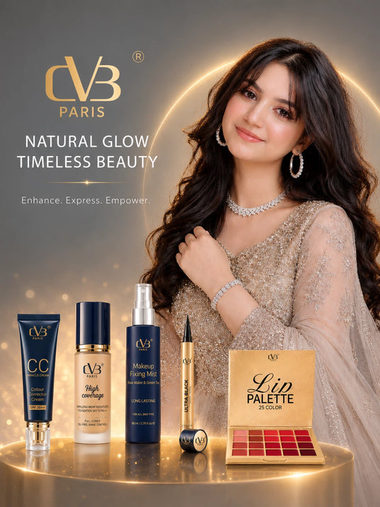 CVB Paris beauty products with a model and 'Natural Glow Timeless Beauty' text on a gold background