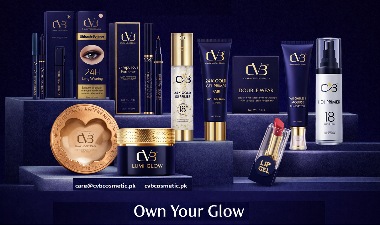 Cosmetic products with 'CVB' branding on a dark background
